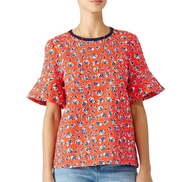 Draper James Tops - Draper James Coral Floral Ruffle Sleeve Blouse with Navy Trim